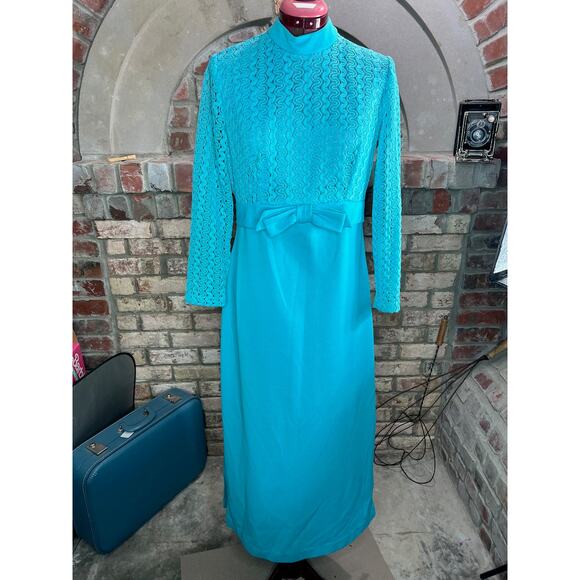 Maxi Dress high neck sheer lace sleeves 1960s high neck bow - Picture 1 of 9